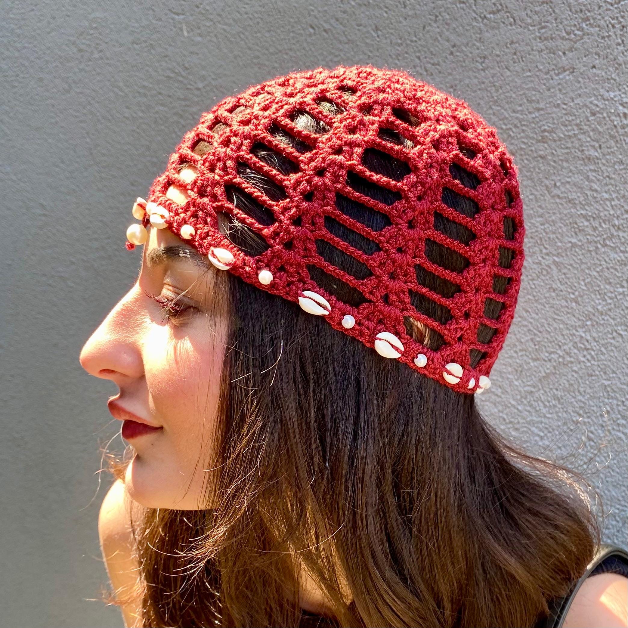 Crochet Beanie Hat Pearl Trim Boho Lightweight Knit Skull Cap Crochet Cotton Blend Skull Cap: Boho Knit Beanie - Etsy main image 4