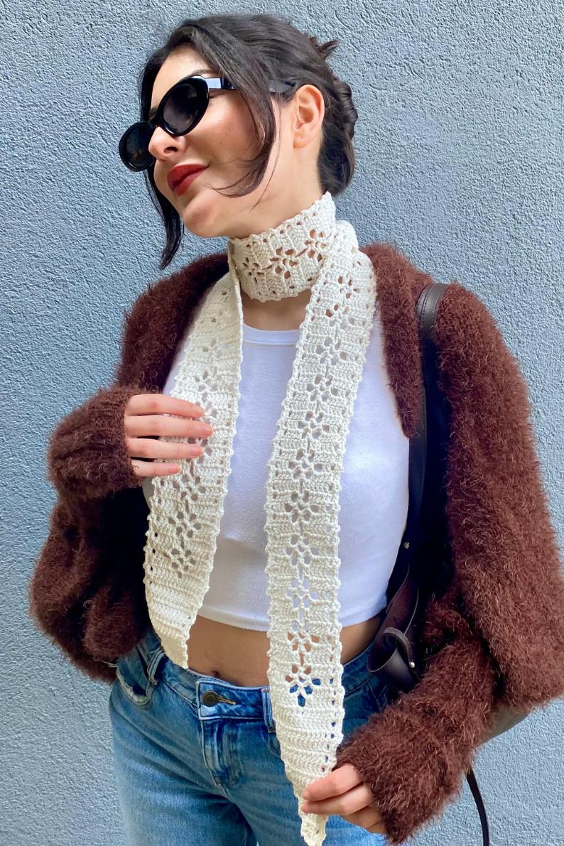 Ivory Cotton Lace Skinny Scarf, Hand-crocheted Floral Bandana - Etsy