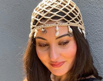 Handgemaakte katoenen gehaakte gaashoed met schelp en parelkralen festivalpet Boho zomerzendspoel
