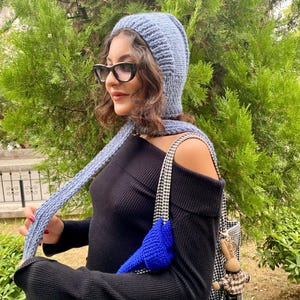 Chunky Knit Pixie Bonnet Hood Scarf: Handmade Red Wool Winter Hat Jean Blue