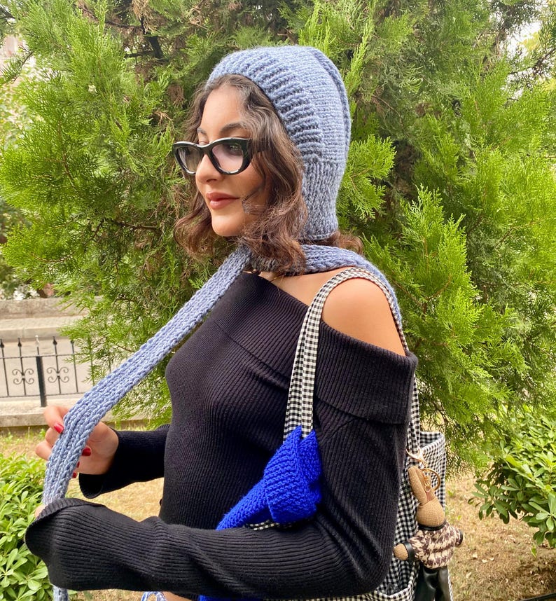 Chunky Knit Pixie Bonnet Hood Scarf: Handmade Red Wool Winter Hat Jean Blue