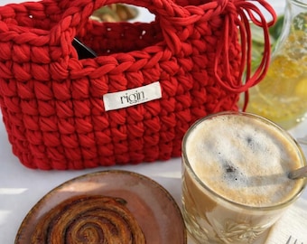 Handmade Everyday Summer Tote Bag: T Shirt Yarn Crochet Red Purse