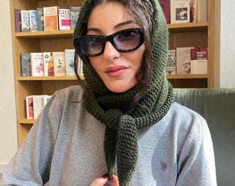 Dark Green Wool Crochet Shawl: Winter Handmade Scoodie, Hooded Scarf Warm Cowl
