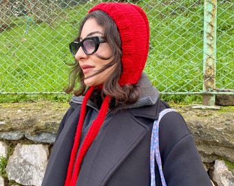 Handmade Knit Wool Bonnet: Red Pixie Crochet Hat, Winter Boho Adult Beanie
