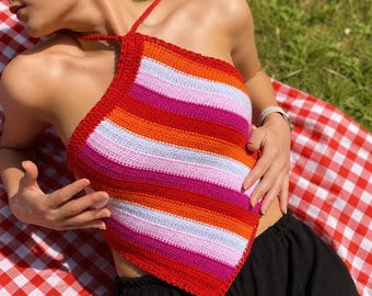 Lesbian Flag Crochet Top, Handmade Cotton Pride Halter Blouse
