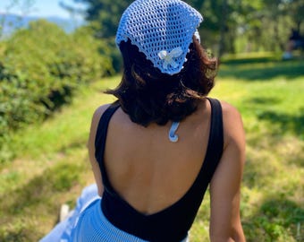 Baby Blue Crochet Hair Scarf with Bow, Handmade Mesh Bandana, Boho Lace Bow Headscarf, Cottagecore Summer Hair Wrap