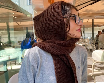 Handmade Brown Hooded Scarf, Chunky Knit Wool Winter Shawl, Cozy Gift Edna Style Wrap