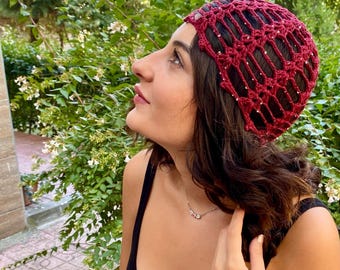 Cotton Mesh Crochet Beanie: Boho Sequin Skull Cap