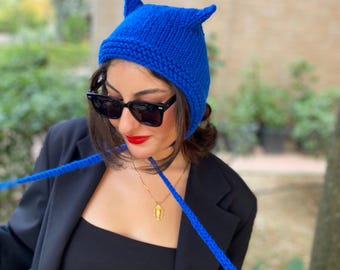 Blau Teufel häkeln Mütze: Gothik Katze Ohrmütze, Halloween Kostüm
