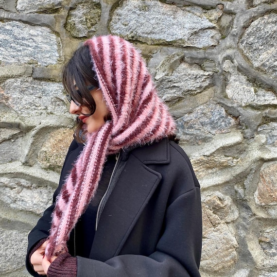 Striped Edna Style Hooded Shawl: Fluffy Knit Hood Scarf, Wool Angora Wrap, Handmade Winter Hat