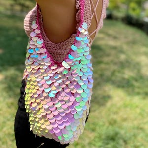 Handmade Gold Silver Sequin Bag, Sparkly Macrame Party Purse image 13