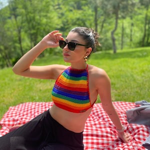 Rainbow Crochet Pride Crop Top: Handmade Cotton LGBTQ+ Festival Halter