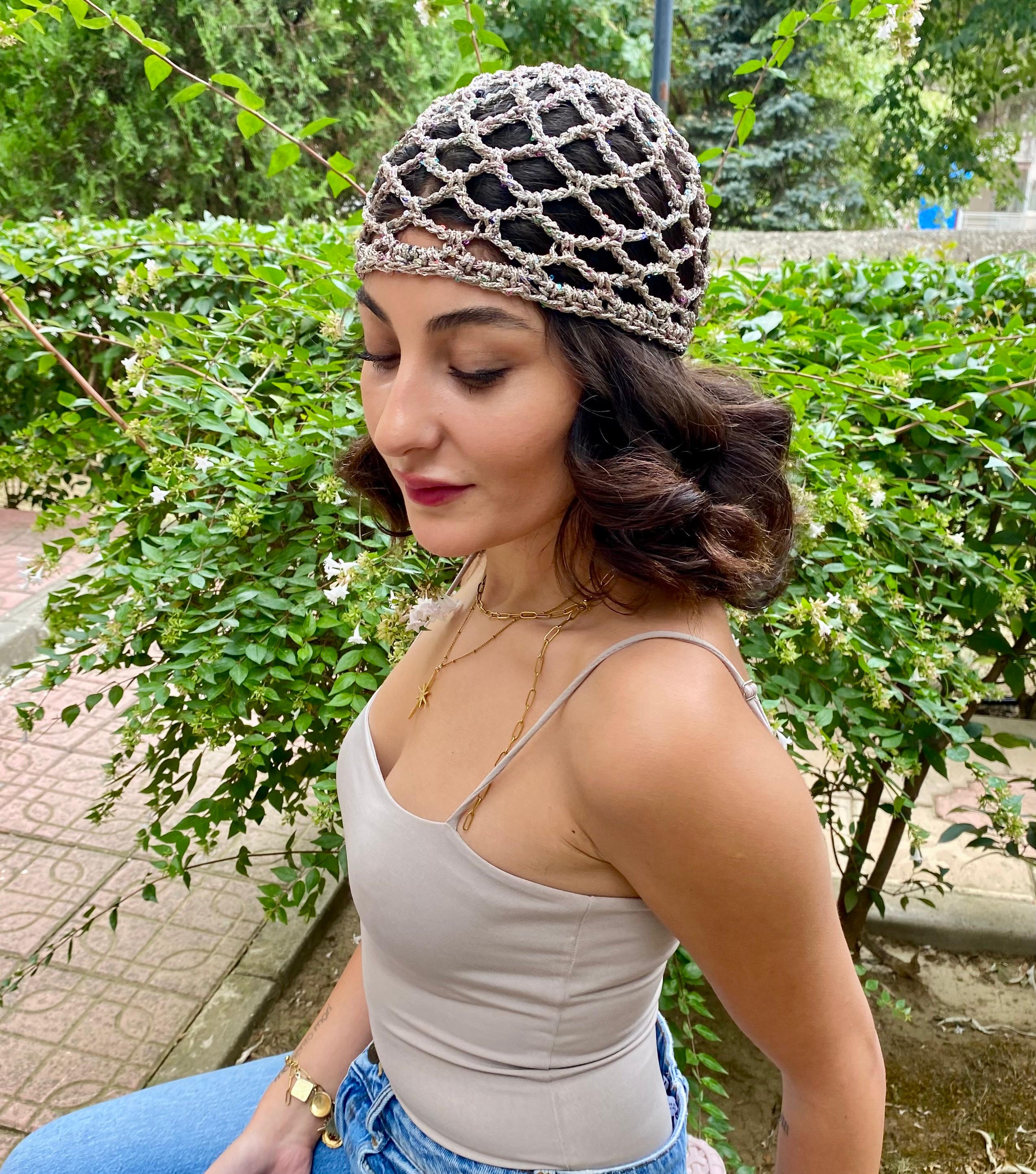 Black Sequin Mesh Skull Cap Boho Crochet Festival Hat Handmade