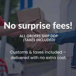 May include: Image shows hands exchanging cardboard boxes. Text overlay reads "No surprise fees!" and "Customs & taxes included - delivered with no extra cost."
