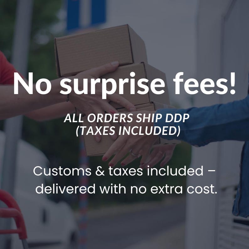 May include: Image shows hands exchanging cardboard boxes. Text overlay reads "No surprise fees!" and "Customs & taxes included - delivered with no extra cost."