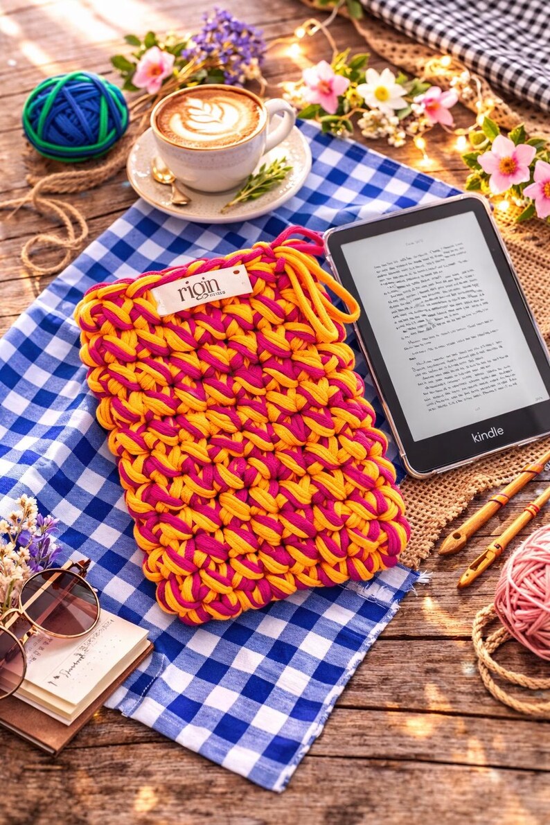 May include: A handmade, yellow and pink crocheted Kindle sleeve with the brand name "rioin" on a tag. The sleeve rests on a blue and white checkered cloth, next to a Kindle e-reader, a cup of coffee, and other craft supplies.