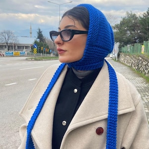 Sciarpa/cappello a cuffia in maglia blu cobalto, cappello invernale con cappuccio spesso