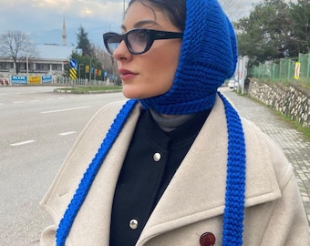 Cobalt Blue Knit Bonnet Scarf, Chunky Hooded Winter Hat