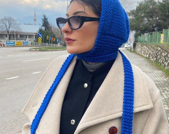 Cobalt Blue Knit Bonnet Scarf, Chunky Hooded Winter Hat