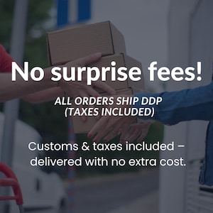May include: Image shows hands exchanging cardboard boxes. Text overlay reads "No surprise fees!" and "Customs & taxes included - delivered with no extra cost."