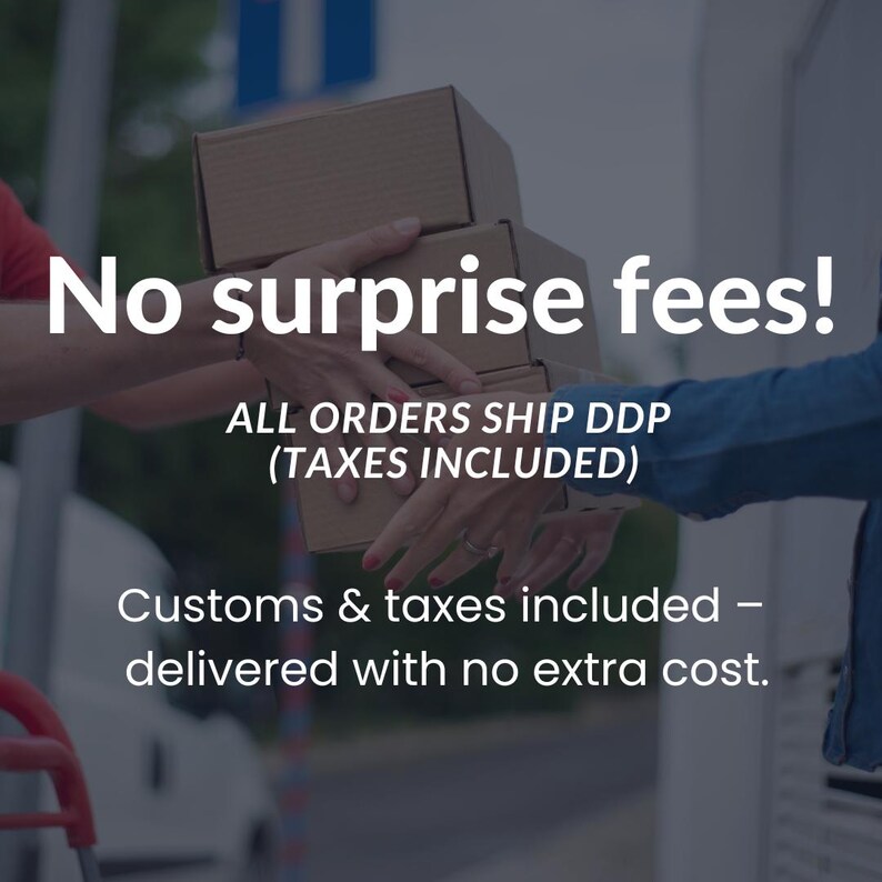 May include: Image shows hands exchanging cardboard boxes. Text overlay reads "No surprise fees!" and "Customs & taxes included - delivered with no extra cost."