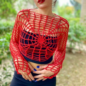Handmade Red Crochet Spiderweb Bolero: Gothic Halloween Costume