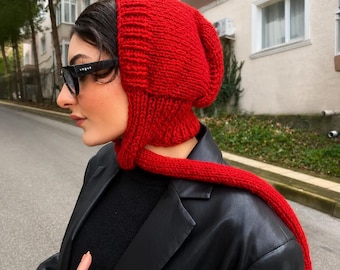 Chunky Knit Pixie Bonnet Hood Scarf: Handmade Red Wool Winter Hat