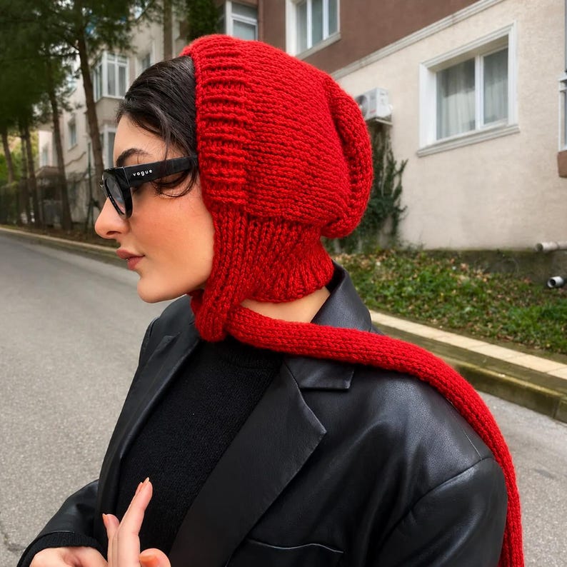 Chunky Knit Pixie Bonnet Hood Scarf: Handmade Red Wool Winter Hat Red