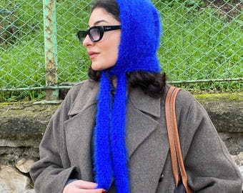 Handmade Angora Pixie Bonnet : Adult Edna Style Hood, Fluffy Winter Scarf, Cozy Tie Hood