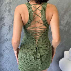 Handmade Crochet Cotton Dress with Lace-Up Back, Green Knit Mini Dress, Summer Boho Festival Outfit, Beach Halter Open Back Dress