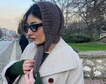 Handmade Wool Adult Bonnet: Soft Knit Pixie Hat, Winter Long Scarf Hood