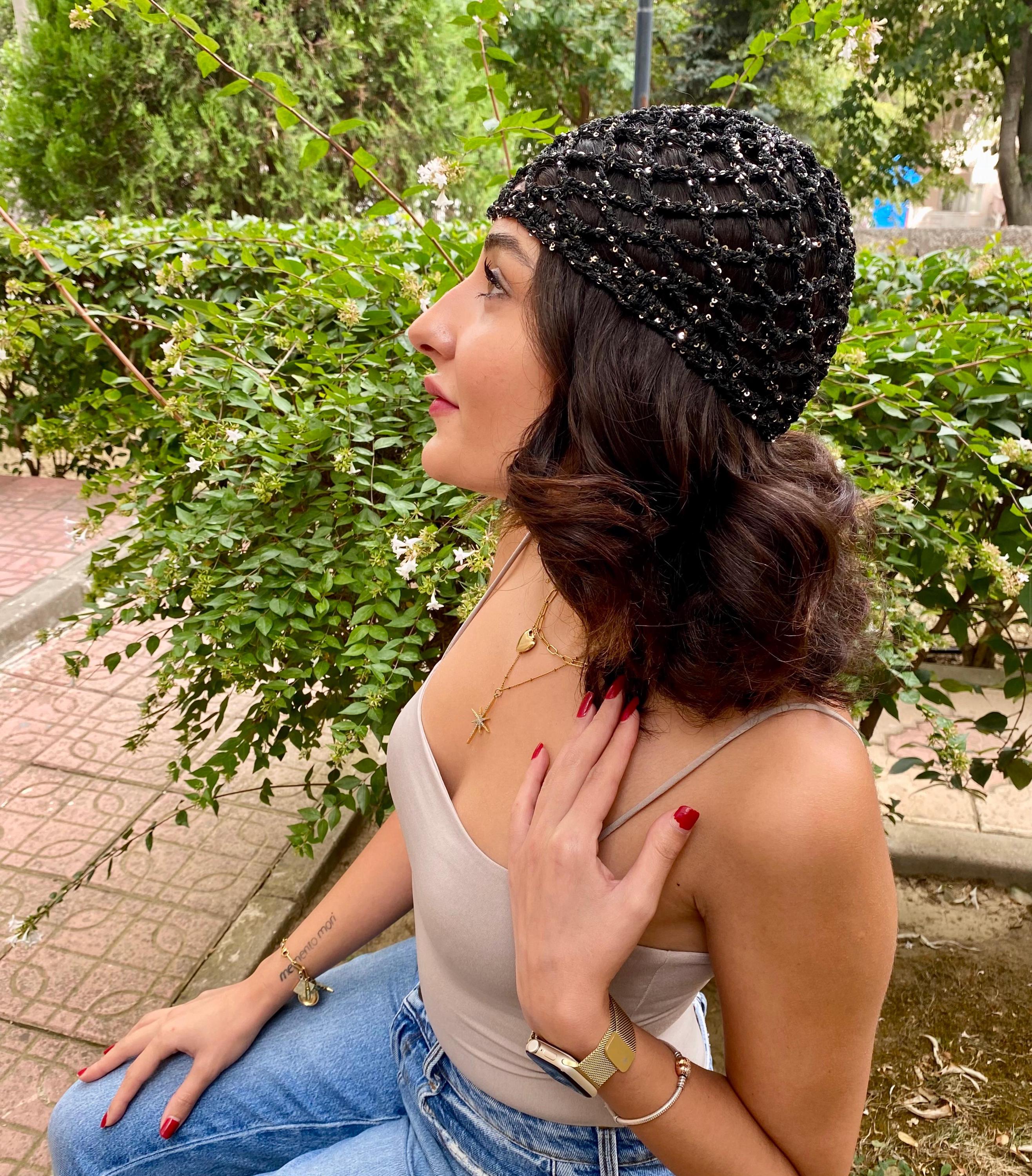 Black Sequin Mesh Skull Cap Boho Crochet Festival Hat Handmade