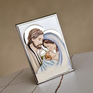 Holy Family Icon Plaque – Silver-Tone Saint Joseph, Mary & Baby Jesus – 9x13cm Catholic Gift, Religious Home Decor, Christmas Blessing