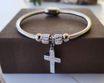 Pulsera colgante con cruz de circón - Regalo religioso de acero inoxidable