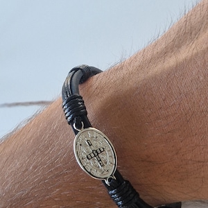 Men’s Leather Saint Benedict Bracelet | Black Cord Christian Wristband | Catholic Gift for Him | Religious Protection Jewelry