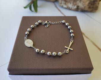 Pulsera de rosario de acero inoxidable: cuentas de oración con cruz y medalla católica