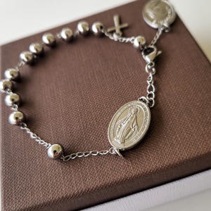 PULSERA ROSARIO MILAGROSO - Acero inoxidable - Medalla Milagrosa y Nuestra Señora, Cruz, Joyería Religiosa Duradera, Regalo de Fe Unisex
