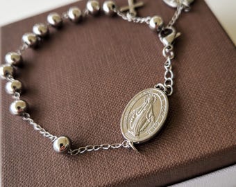 Pulsera de rosario de acero inoxidable: Medalla Milagrosa, Cruz, Regalo de Fe Unisex