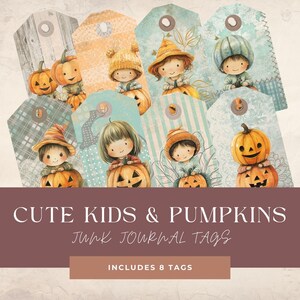 Diario dei rifiuti Bambini carini Zucche Rustico Autunno Tag Collage digitale Stampabile Halloween Autunno Scrapbook Artigianato Vintage pagine Stravagante Adorabile