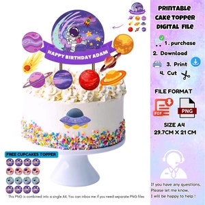 Print Editable Rocket Astronaut Space Theme Cake Toppers, Printable Space Cupcake Topper Planets Birthday Party Solar System Decor, Download