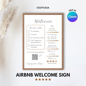 Szablon znaku powitalnego Airbnb Oznakowanie Airbnb Znak Wi-Fi do wynajmu Zasady domu Witamy Lista kontrolna Gospodarz Airbnb Proste znaki Canva