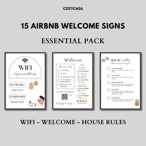 Szablon znaku powitalnego Airbnb Znak Airbnb Znak do wynajmu domu Znak Wi-Fi Airbnb Witamy Zarezerwuj listę do sprawdzenia Gospodarz Airbnb Proste znaki Canva