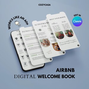 Plantilla de libro de visitas de bienvenida digital de Airbnb Guía interactiva de VRBO Manual de casa móvil de Airbnb para alquileres vacacionales a corto plazo Editable en Canva