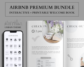 May include: A printable welcome book for Airbnb hosts with an urban theme. The book includes a checklist of items to provide guests, check-in and check-out instructions, and a list of amenities. The book is designed to help hosts provide a smooth and enjoyable experience for their guests.