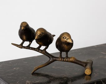 Estatua de bronce de tres pájaros, estatua de animal, estatua de pájaro posado, pájaro del amor, pájaro de latón, única, miniatura, decoración de habitación