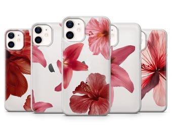 Clear Flower Phone Case Transparent Lily Hibiscus Cover for iPhone 17Pro, 16, 15, 14, 13, Samsung S25, S24, S23Fe, A26, A56, Pixel 10, 9Pro