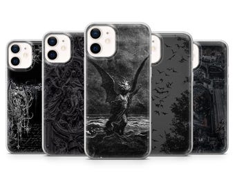 May include: A collection of five phone cases with gothic-style illustrations. The cases feature black and white artwork depicting dark figures, angels, and scenes with bats. The cases are designed to fit a smartphone.