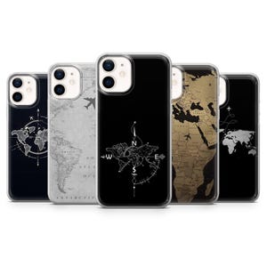 May include: A collection of five phone cases with world map designs. The cases feature various color schemes, including black, white, and gold. Some cases have compass and airplane graphics.