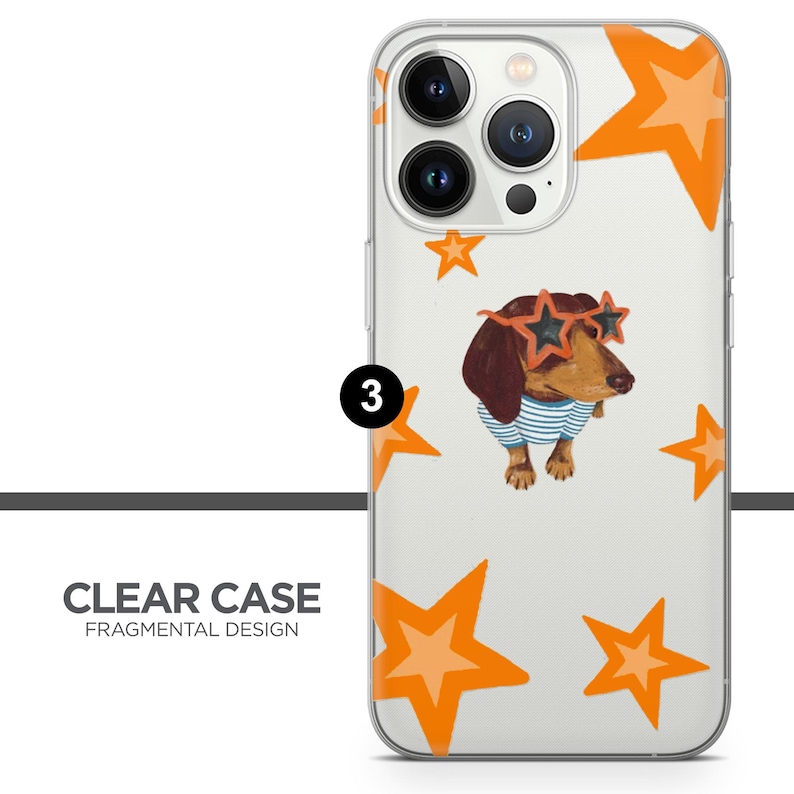 May include: Clear phone case with a design featuring a dachshund wearing star-shaped sunglasses and a blue and white striped shirt. The case has orange star graphics and the text "CLEAR CASE FRAGMENTAL DESIGN".