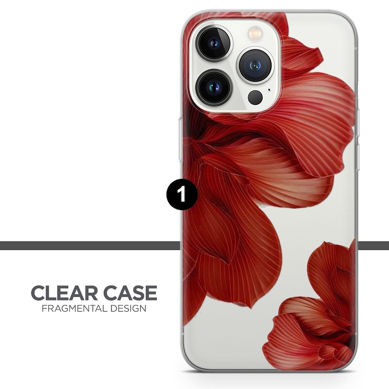 Puede incluir: Funda transparente para tel&eacute;fono con dise&ntilde;o floral rojo. La funda tiene un fondo transparente y un dise&ntilde;o fragmentado de p&eacute;talos de flores rojas. El texto "CLEAR CASE FRAGMENTAL DESIGN" es visible.